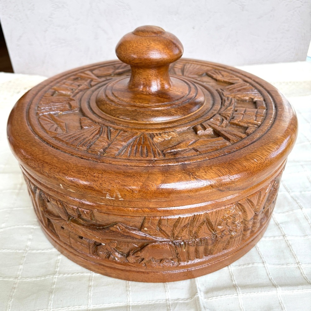 Vintage Hand Carved Wooden Lidded Bowl Village Landscape Relief 11.5 Inch Brown